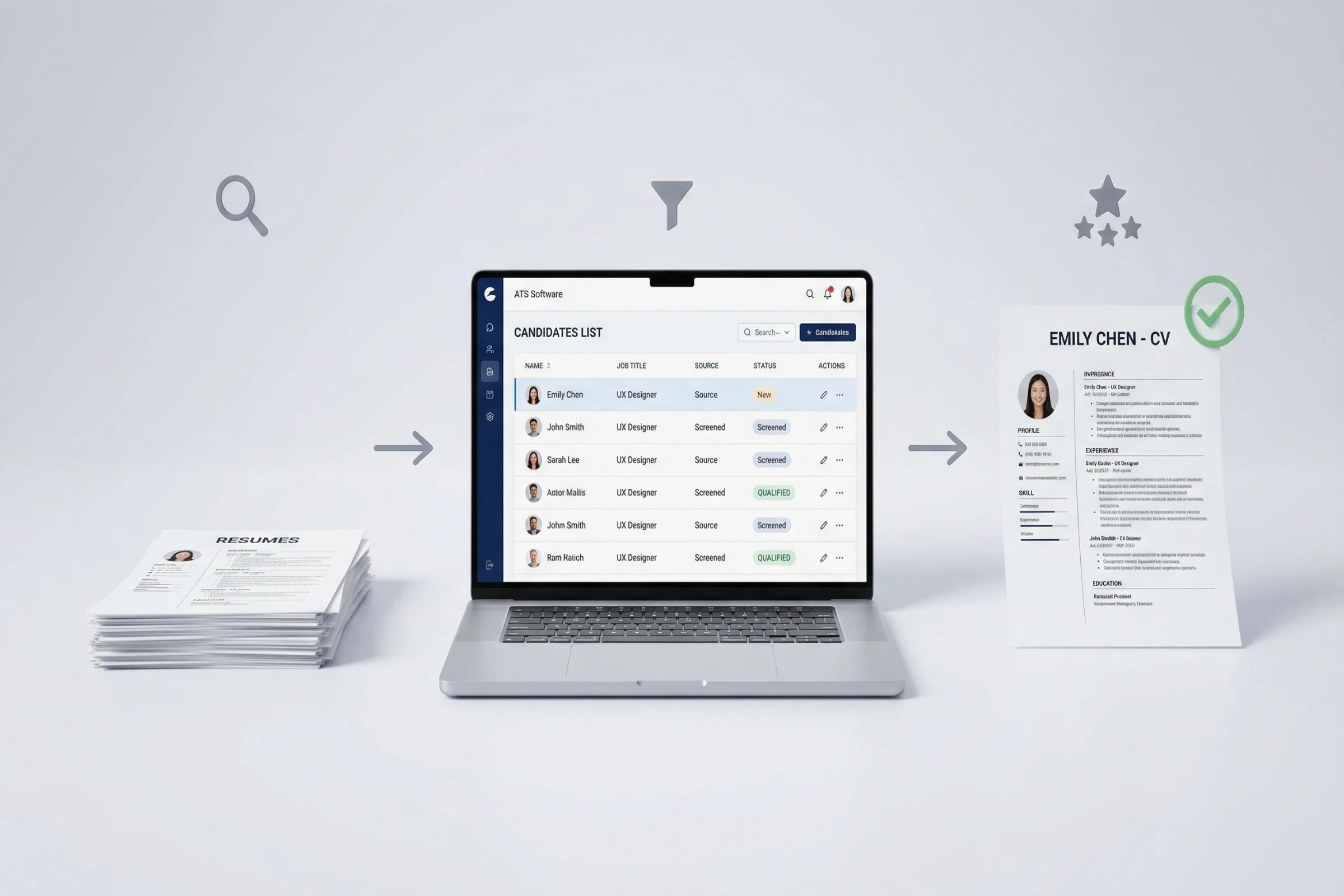 ATS applicant tracking system workflow showing how resumes are parsed, ranked, and reviewed by recruiters
